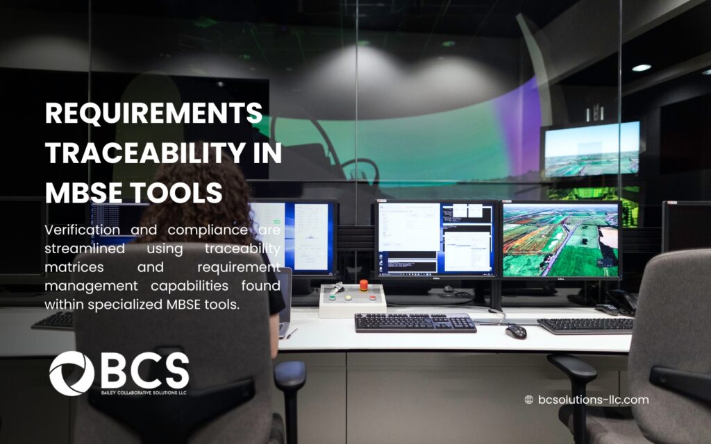 Image promoting MBSE Tool Traceability, featuring a woman working at a workstation with multiple monitors displaying engineering data. Verification and compliance are streamlined using traceability matrices and requirement management capabilities within specialized MBSE Tools