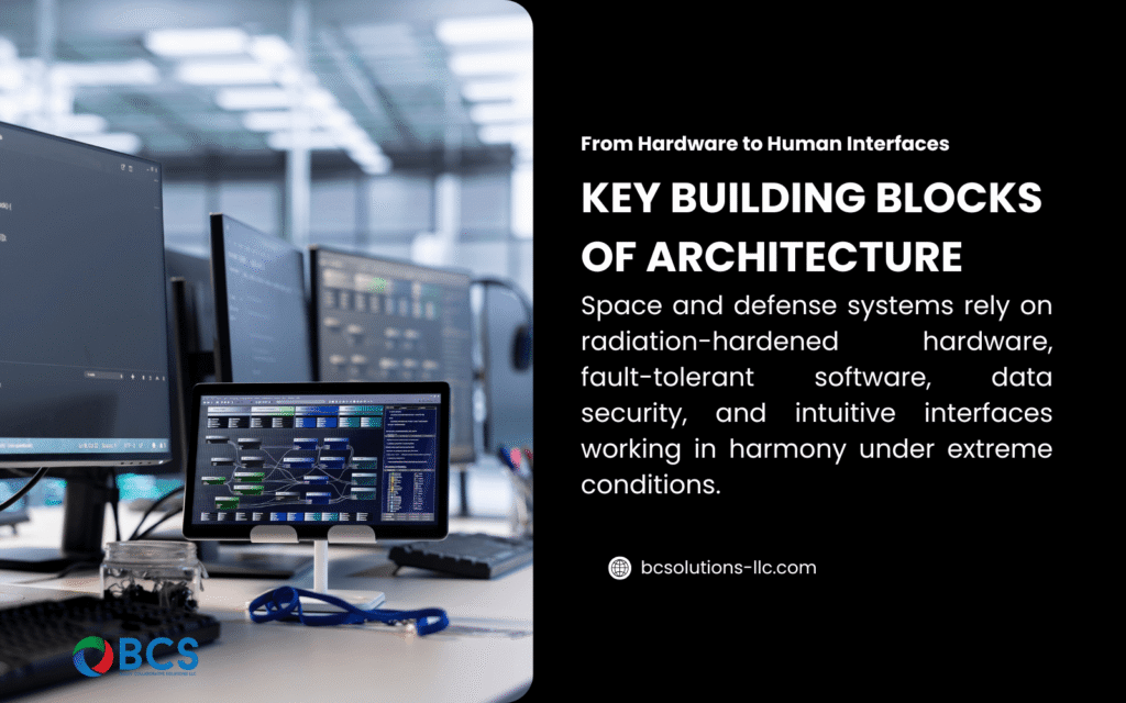 Graphic with a black background and a tech workspace image. Text reads: "KEY BUILDING BLOCKS OF ARCHITECTURE Space and defense systems rely on radiation-hardened hardware, fault-tolerant software, data security, and intuitive interfaces.