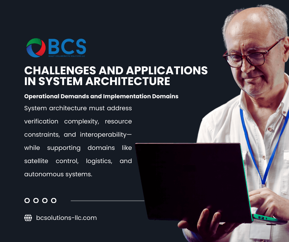 Graphic with a dark background and a person using a laptop. Text reads: "CHALLENGES AND APPLICATIONS IN SYSTEM ARCHITECTURE System architecture must address verification, complexity, resource constraints, and interoperability—while supporting domains like satellite control, logistics, and autonomous systems.
