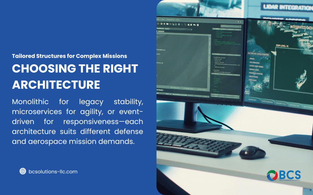 Graphic with a blue background and a tech workspace image. Text reads: "CHOOSING THE RIGHT ARCHITECTURE Monolithic for legacy stability, microservices for agility, or event-driven for responsiveness—each architecture suits different defense and aerospace mission demands.