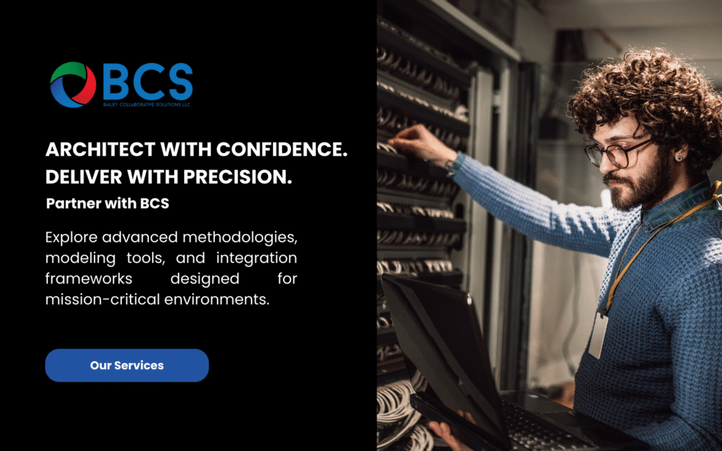 Graphic with a black background and a person in a tech environment. Text reads: "ARCHITECT WITH CONFIDENCE. DELIVER WITH PRECISION. Partner with BCS Explore advanced methodologies, modeling tools, and integration frameworks designed for mission-critical environments."