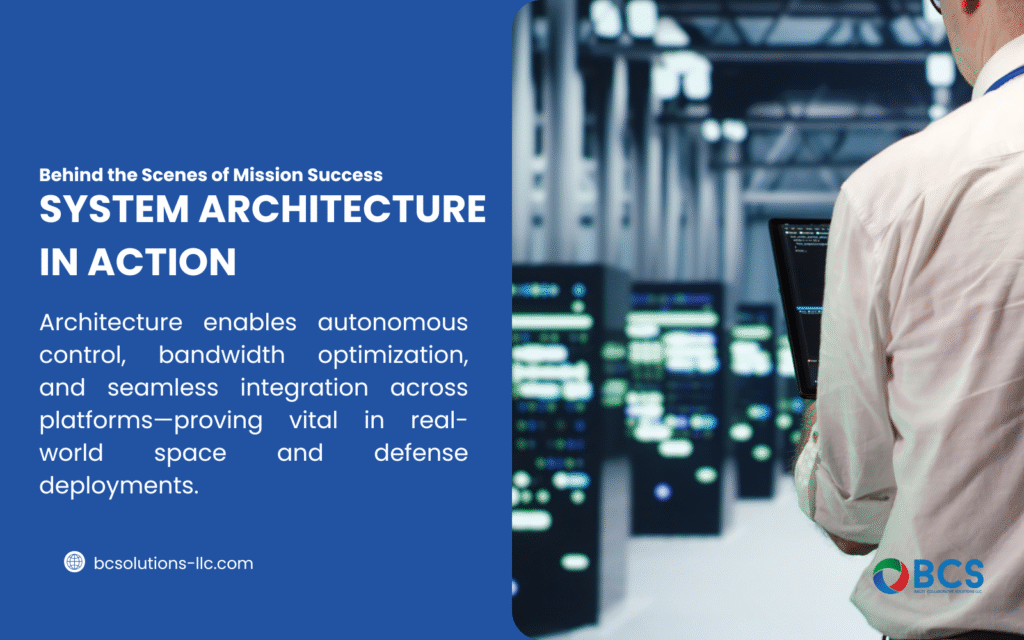 Graphic with a blue background and a person in a tech control room. Text reads: "SYSTEM ARCHITECTURE IN ACTION Architecture enables autonomous control, bandwidth optimization, and seamless integration across platforms—proving vital in real-world space and defense deployments.