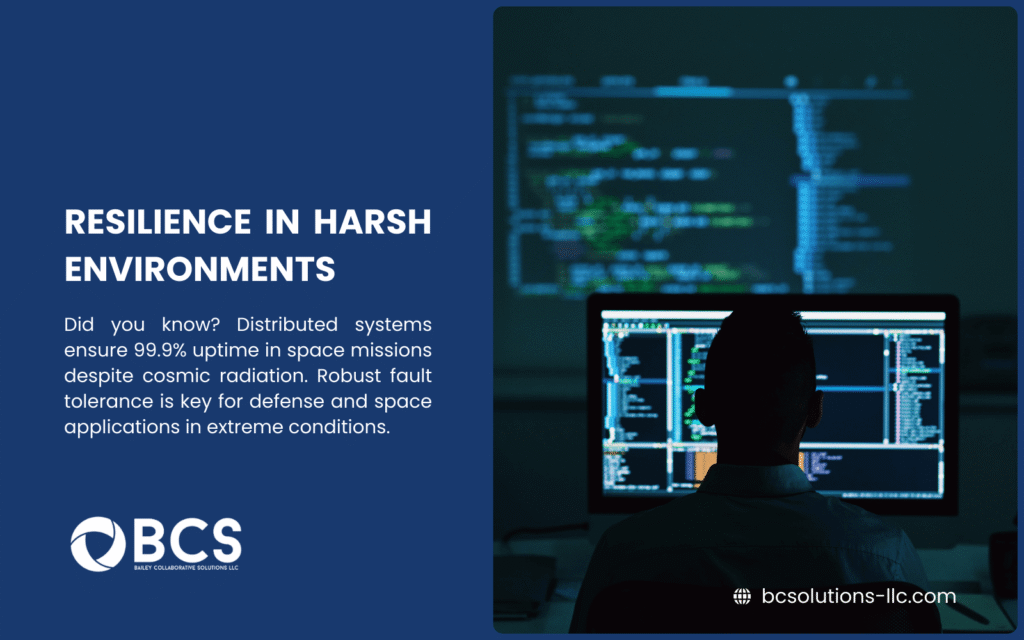  A person sitting at a desk, viewed from behind, working on a computer displaying complex code against a dark background. The scene highlights resilience in harsh environments, with text noting distributed systems ensure 99.9% uptime in space missions despite cosmic radiation, emphasizing robust fault tolerance for defense and space applications. The BCS logo and website are visible on the left.