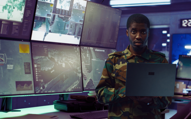 A soldier in camouflage holds a laptop in a high-tech control room, surrounded by multiple screens showing integrated data feeds. The image highlights payment system architecture for defense and space solutions, emphasizing advanced technology.