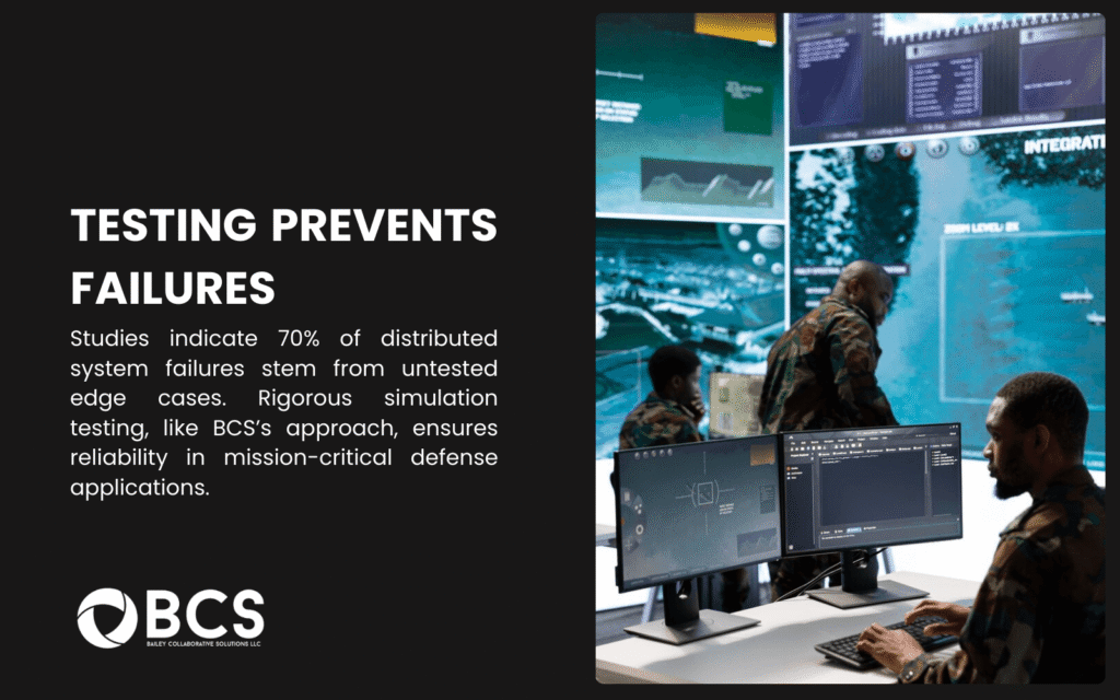 A team of engineers in a control room monitoring screens displaying a distributed system network with green and red nodes. The scene shows how testing distributed system architecture prevents failures, with text noting 95% of potential issues are caught through simulations, ensuring reliability in defense missions. The BCS logo and website are visible on a screen in the background.
