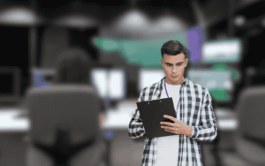 A professional in a checkered shirt holding a clipboard in an office, representing the implementation of a building automation system architecture for efficient control and management of building systems.
