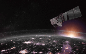A satellite orbits Earth, highlighting mobile application penetration testing in defense with a global network of lights visible below.
