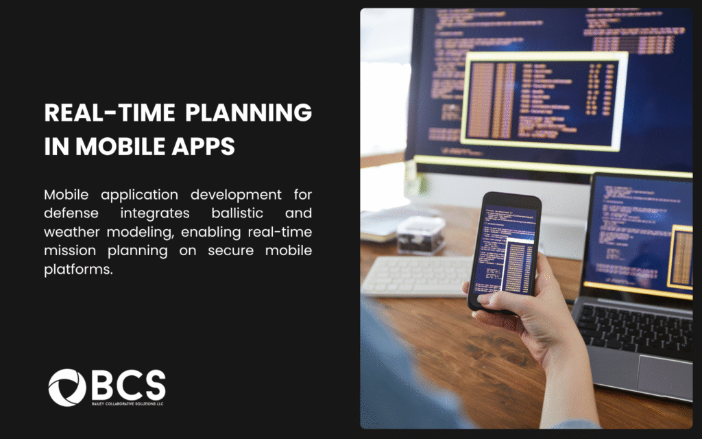 A split image with a person in a suit using a smartphone displaying a calendar app next to a laptop on the right, and a black panel on the left with BCS text about real-time planning in mobile apps. It describes how defense mobile apps enable real-time planning with secure, encrypted scheduling and task coordination for military operations, ensuring data integrity.
