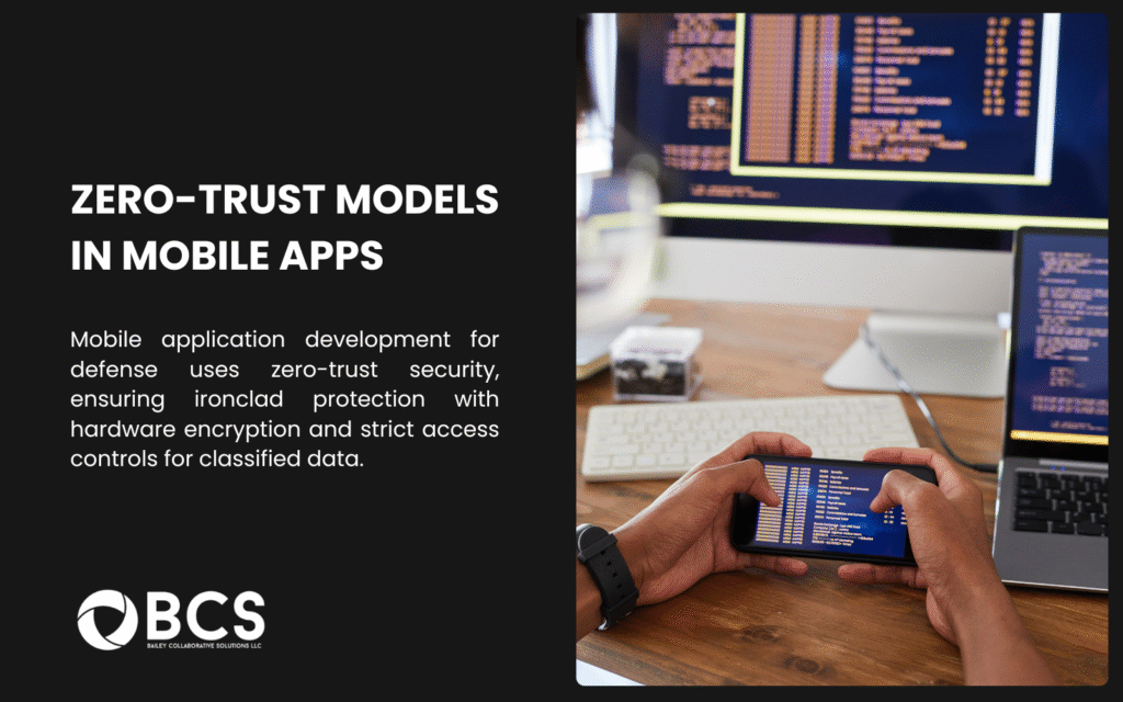  A split image with hands holding a smartphone displaying code, alongside a laptop and monitor with code on the right, and a black panel on the left with BCS text about zero-trust models in mobile apps. It explains how mobile app development for defense uses zero-trust security, ensuring strong protection with hardware encryption and strict access controls for classified data.