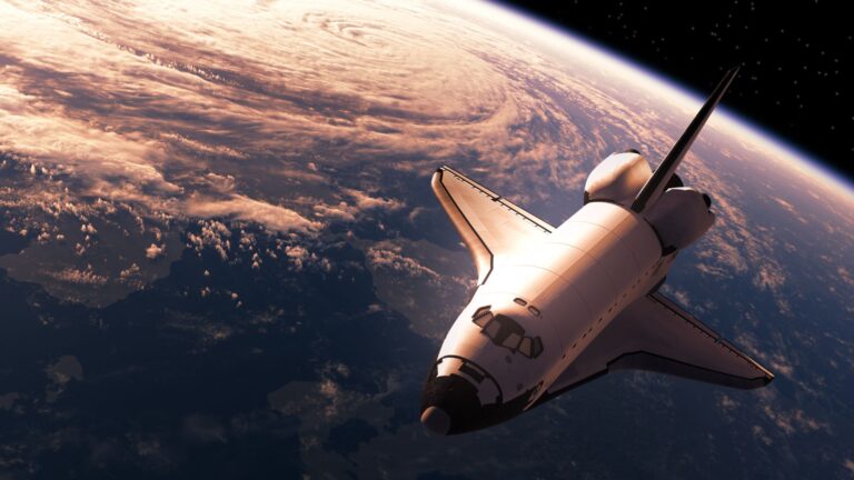 Space shuttle in orbit demonstrating advanced modeling and simulation capabilities for aerospace engineering