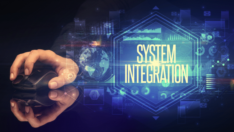 Image of system integration with a hand using a computer mouse, featuring a futuristic interface with charts, a globe, and text highlighting system integration.